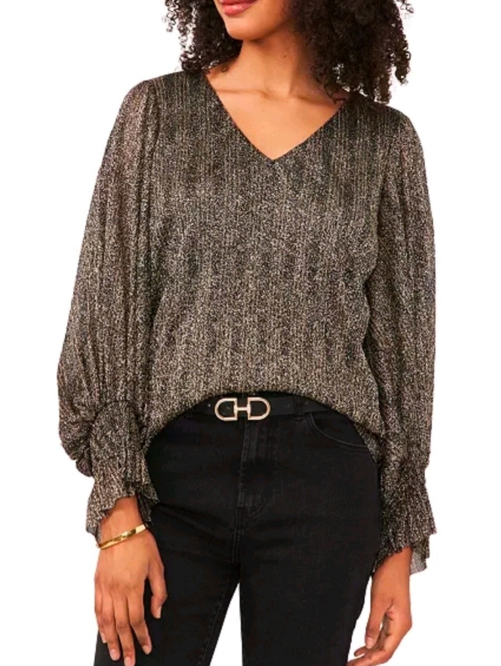 Vince Camuto Metallic V-Neck Blouse in Black and Gold Size XL NWT